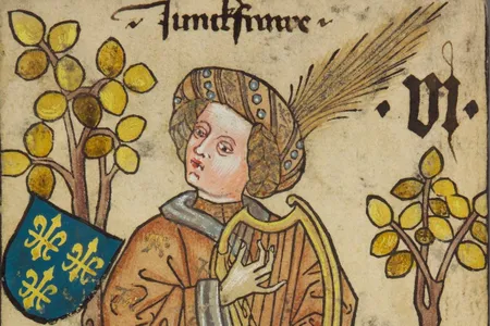 A Lady-in-Waiting of France strums her instrument on this card from The Courtly Household Cards (Das Hofämterspiel), created in c. 1450.