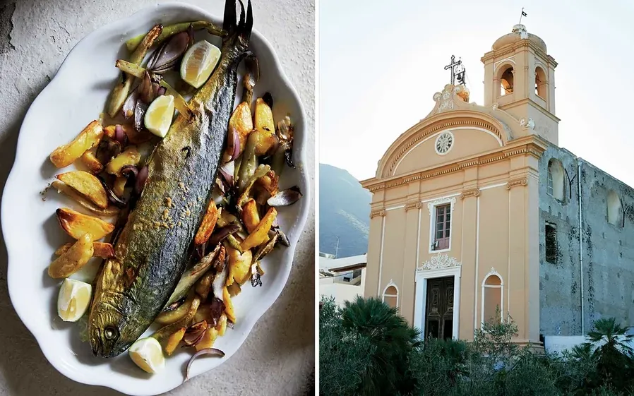 From left: Gurnard and vegetables at Villa La Rosa, on Filicudi; the Immaculate Church on Salina.