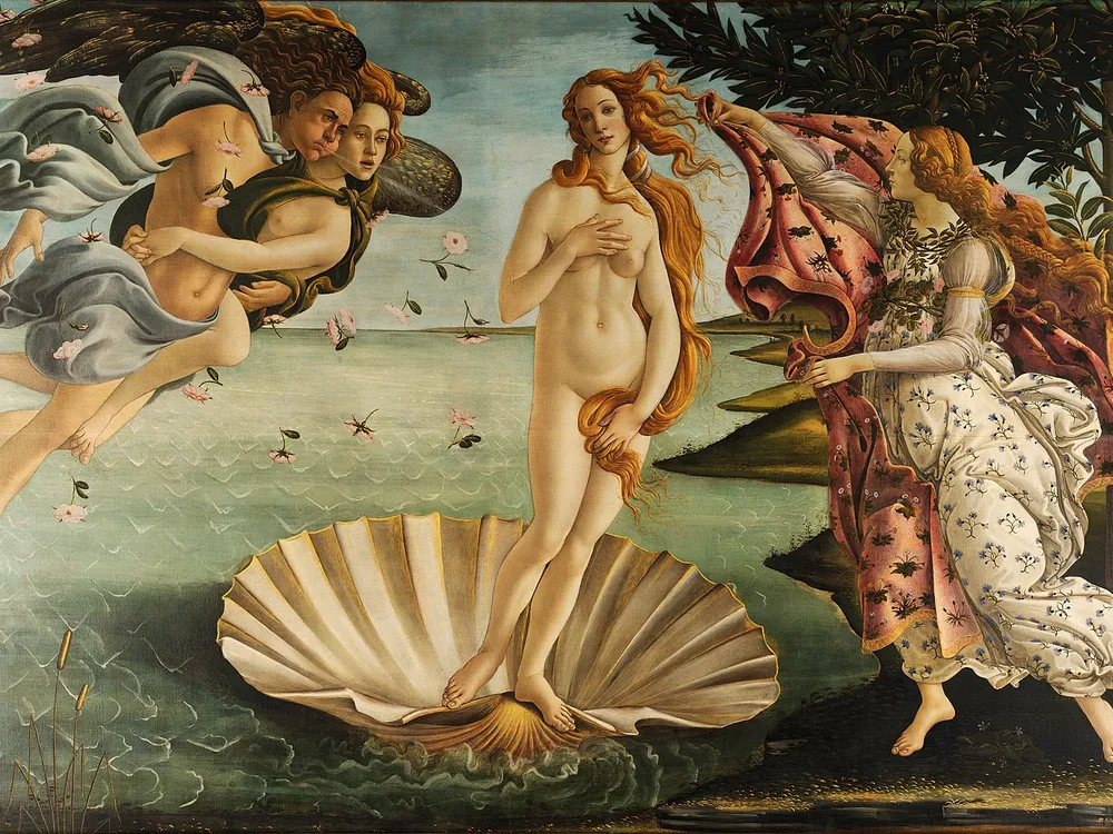 An image of Sando Botticelli's painting La nascita di Venere, or Venus' Birth. The painting features a nude woman standing on a shell.