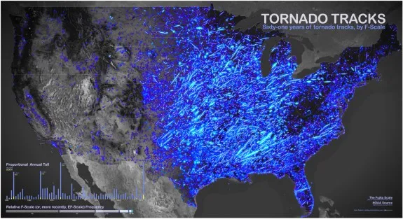 A map of tornado activity in the U.S., 1950 to 2011