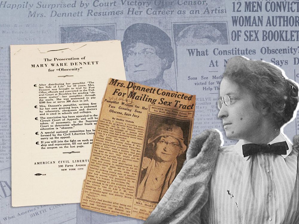 Photo of Mary Ware Dennett overlaid on newspaper headlines about the censorship case