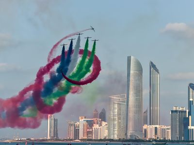 The United Arab Emirates’ team, Al Fursan (The Knights), flies Alenia Aermacchi MB 339s over Abu Dhabi during a 2014 airshow.