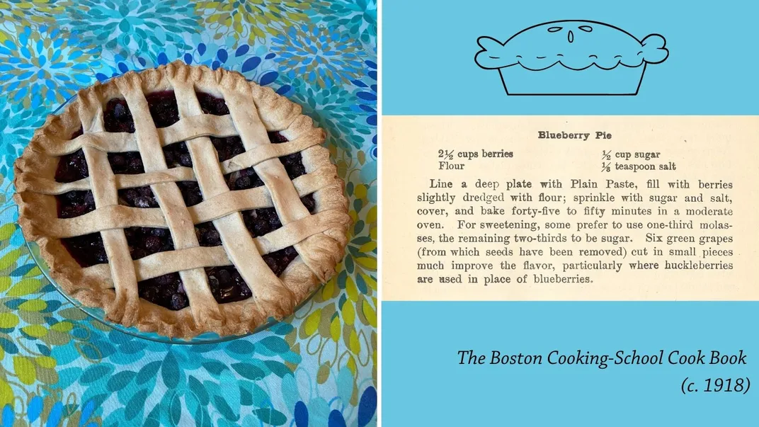 Graphic with photo of blueberry pie on left side. Right side is vintage recipe for blueberry pie.