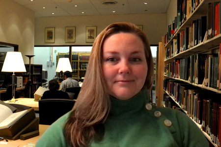 Example of a new meeting background in use, featuring the Dibner Library of the History of Science and Technology. 