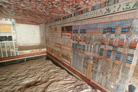 The tomb&#39;s walls are painted and carved with images of objects the doctor might have used.
