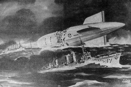 Associated Press staff illustrator Noel Sickles's "artist's conception" of the crash of the USS&nbsp;Macon&nbsp;into the Pacific Ocean on 12 February 1935.