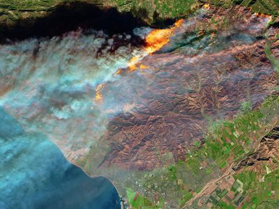 Satellite image of the Thomas Fire's burn scar and active flames, in northern Ventura, on December 5, 2017.