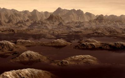 Artist’s rendition of a ethane lake on Titan.