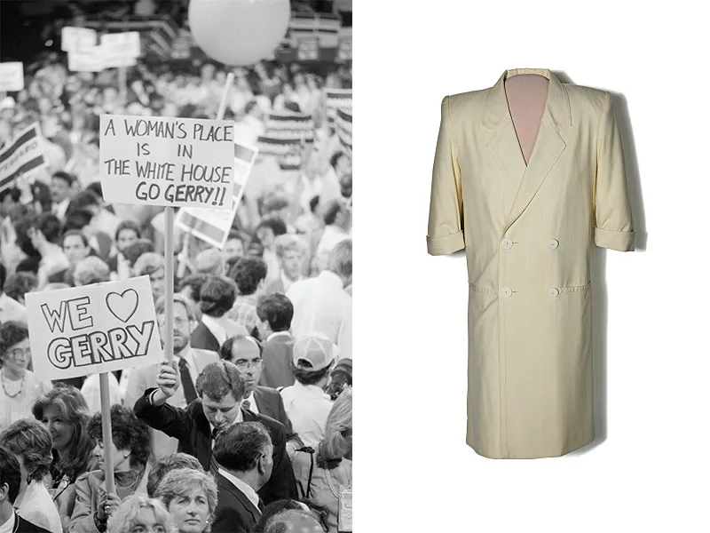 We heart Gerry and a Woman's Place is in the White House signs, as well as a coatdress Ferraro wore to the DCC