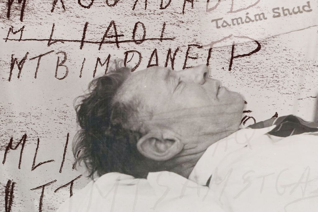 Illustration of Somerton Man's autopsy photo, overlaid on the "code" found in his copy of a Persian poetry book