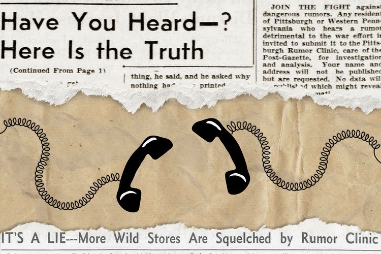 An illustration of two corded telephones, surrounded by rumor clinic articles