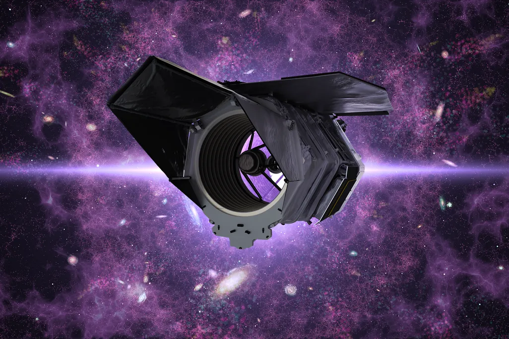 illustration of the Roman Space Telescope with a purple background of stars and galaxies
