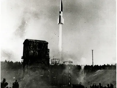 Launch of a German V-2 rocket, dated October 3, 1942.