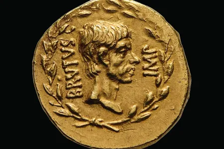 This gold aureus featuring an image of Brutus was minted shortly after Caesar&#39;s death.