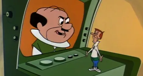 A miniaturized George Jetson talks to his boss Mr. Spacely on a videophone (1963)