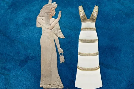 In an exhibition on ancient Egyptian-inspired fashion at the Cleveland Museum of Art, a relief depicts the wife of Amenhotep wearing a&nbsp;kalasiris, or long linen dress, juxtaposed with a white jersey gown designed by Karl Lagerfeld in 2019.