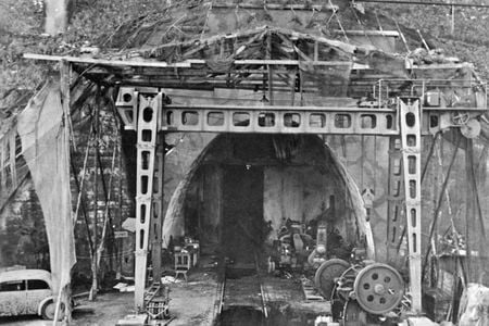 One of the entrances to the underground tunnels of the Mittelwerk, as photographed by the U.S. Army after the liberation in April 1945.