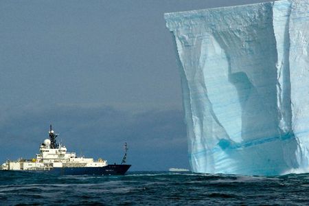 The NOAA ship R/V Roger Revelle collects climate data in the Antarctic in 2008.