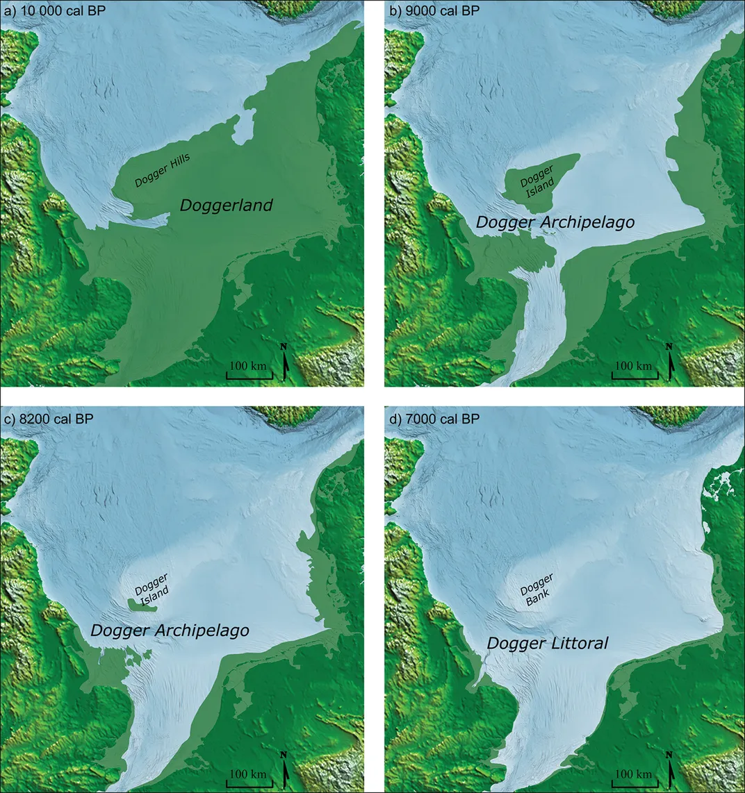 Four maps side by side; at 10,000 years ago, Doggerland is expansive and juts into North Sea, by 8200 it is reduced to two small islands and by 7000 the sea has risen to cover it