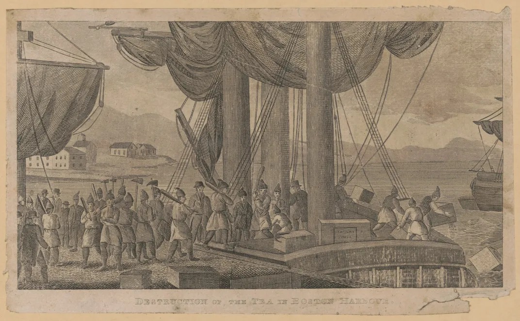 A depiction of the Boston Tea Party