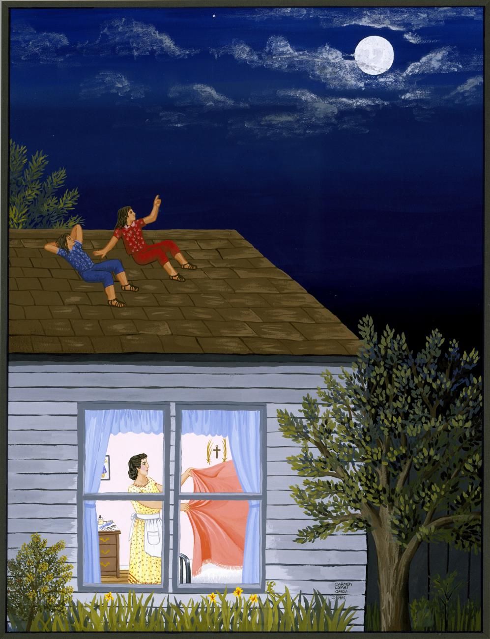 Artwork of a house at night. You can see a woman doing laundry through the window and two children are sitting on the roof, looking at the night's sky.