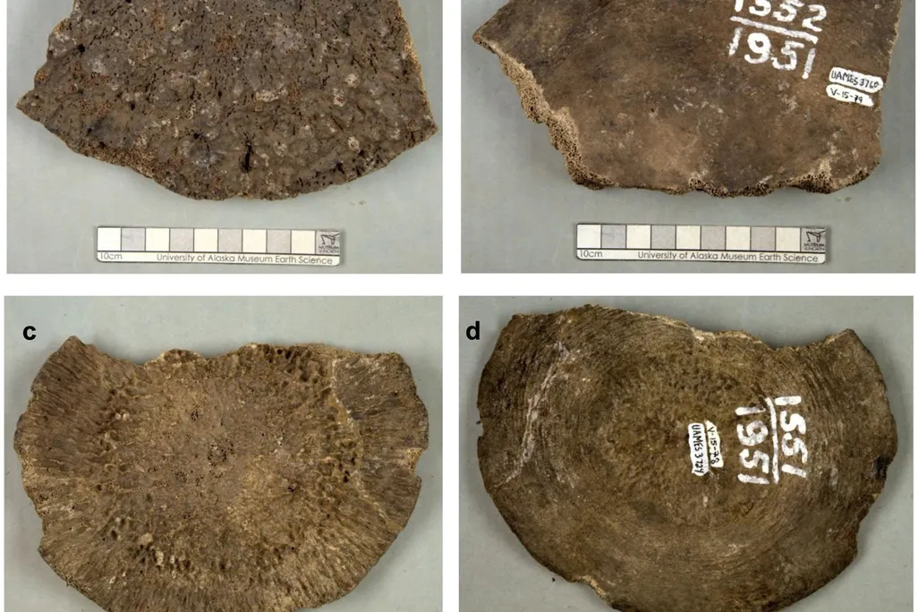 Four-pane photo of flat bones with measuring tape under each one