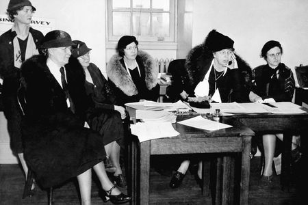 U.S. first lady Eleanor Roosevelt attends a meeting of the women's CWA officials at Warrenton, Virginia. January 26, 1934.