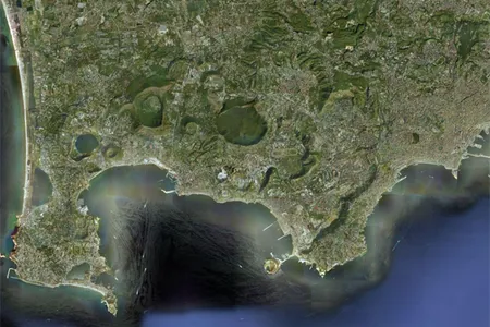 The collapsed caldera of the Campi Flegrei supervolcano in Italy.