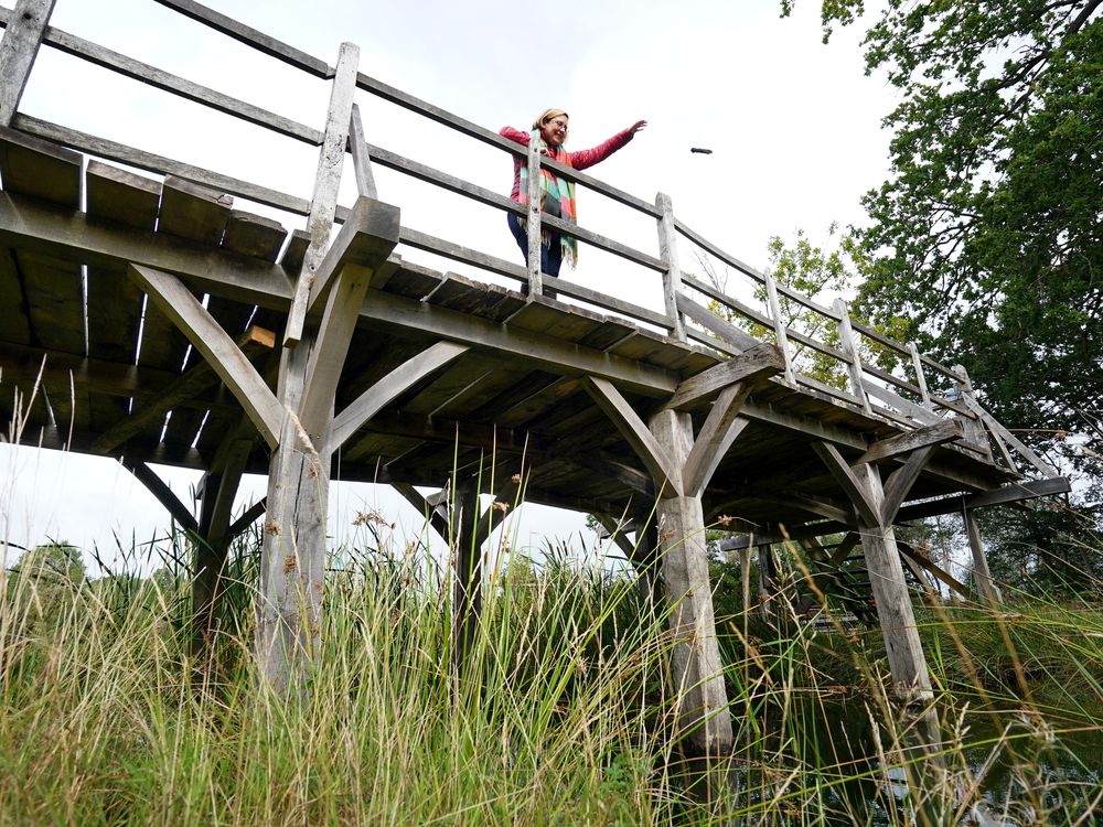 Silke Lohmann of Summers Place Auctions stands on the original Poohsticks Bridge from Ashdown Forest,