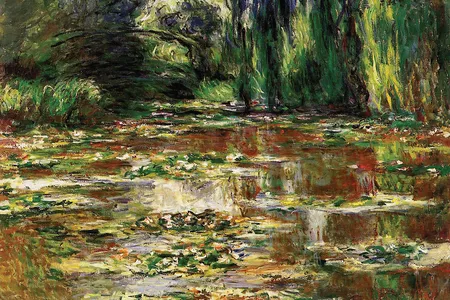 Bridge Over the Water Lily Pond, 1905. In earlier works, Monet painted the footbridge in a crisp, distinct arc. Here, its faint, shadowy curves blend into greenery of the natural surroundings.