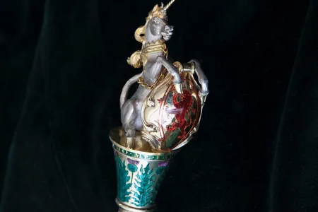 A gilded unicorn atop a silver baton from the regalia of Scotland&#39;s Usher of the White Rod