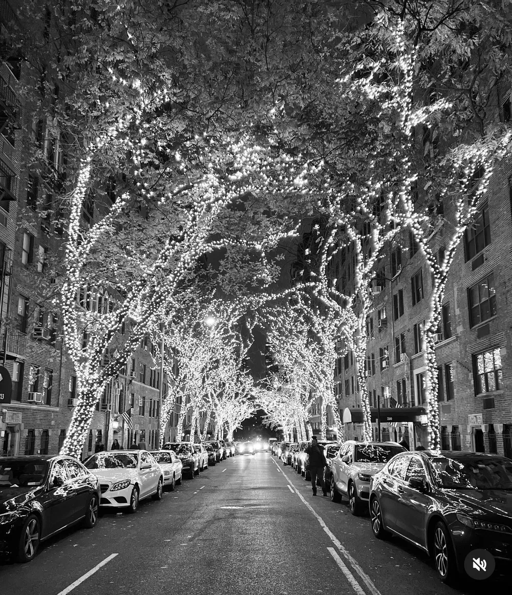 A city street on the Upper Wast Side of Manhattan, overarching trees decorated with Christmas lights for the holiday season.