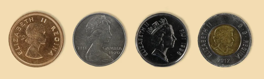 Collage of four coins bearing Elizabeth's likeness
