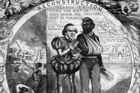 The cartoon by Thomas Nast shows the battles between President Johnson and Congress over Reconstruction. 