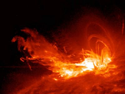 NASA’s Solar Dynamics Observatory caught this solar flare in action in 2017. Researchers believe that coronal mass ejections after such flares are the source of bursts of radiation.