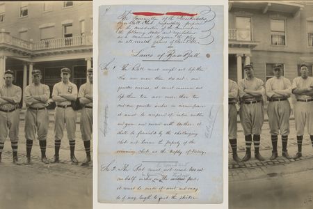The rediscovered 1857 “Laws of Base Ball,” dubbed the sport’s Magna Carta, (above, with a 1911 image of the Brooklyn Baseball Club) makes its first appearance in a major exhibition at the Library of Congress. 