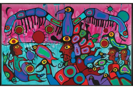 Artist and Shaman Between Two Worlds, Norval Morrisseau, 1980, shows the artist&rsquo;s signature style: bold colors and a surreal sense of his subjects&rsquo; inner lives.
