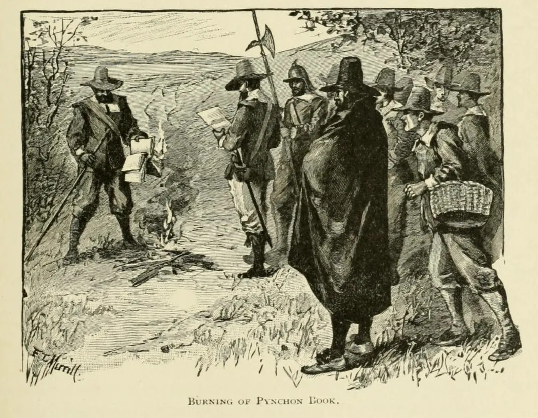 Illustration of the Puritans burning a 1650 book by William Pynchon