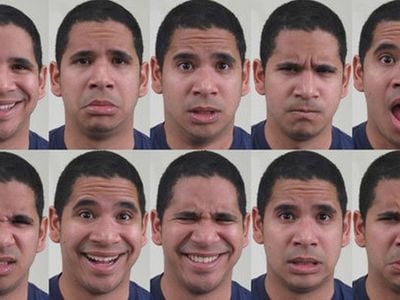 Some of the expressions the researchers identified, from top left to bottom right: happy, sad, fearful, angry, surprised, disgusted, happily surprised, happily disgusted, sadly fearful, sadly angry.