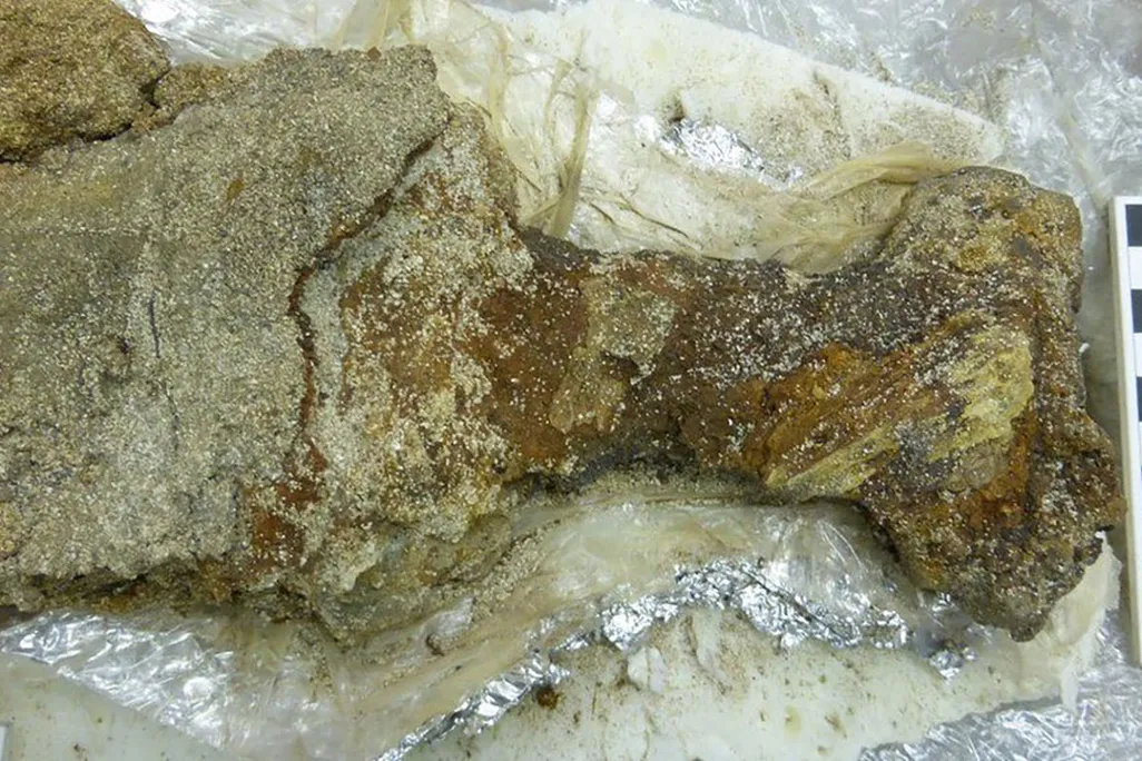 encrusted sword with dirt, rust and sediment