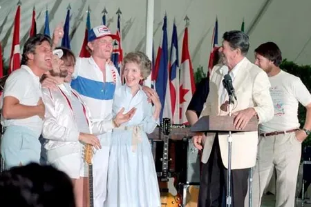 President Ronald Reagan and First Lady Nancy Reagan meet with the Beach Boys a few months after Reagan's Secretary of the Interior announced that rock bands attracted "the wrong element."