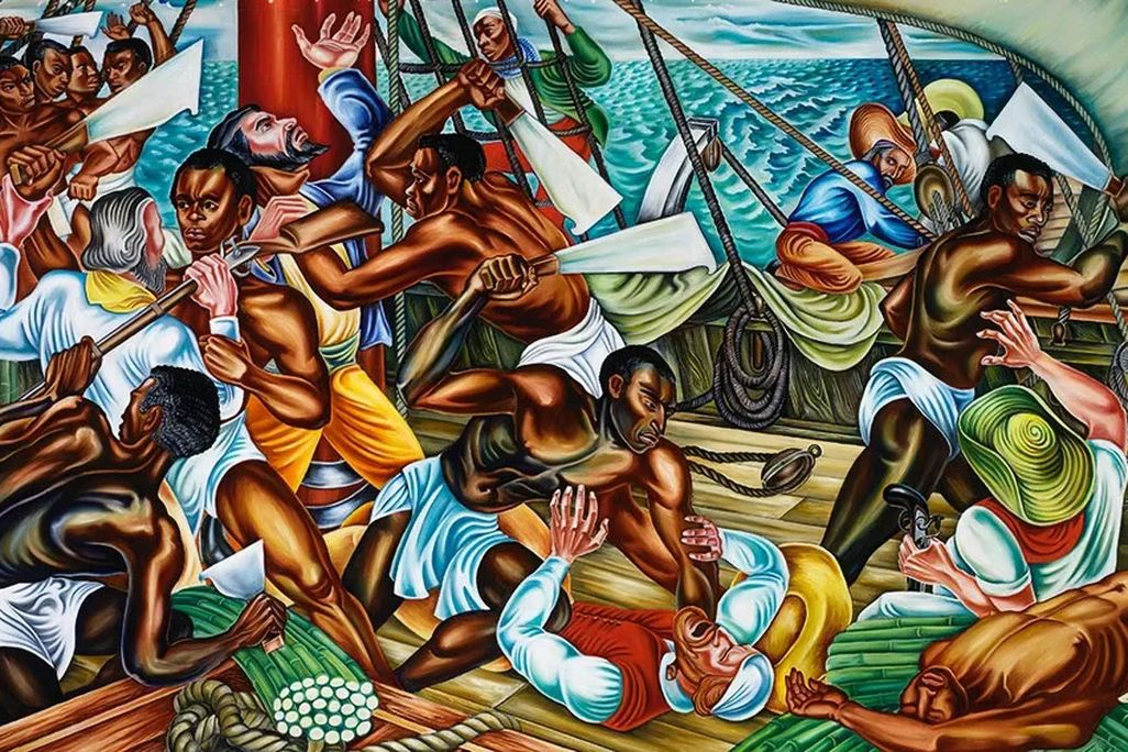 A painting depicts a fight on a ship