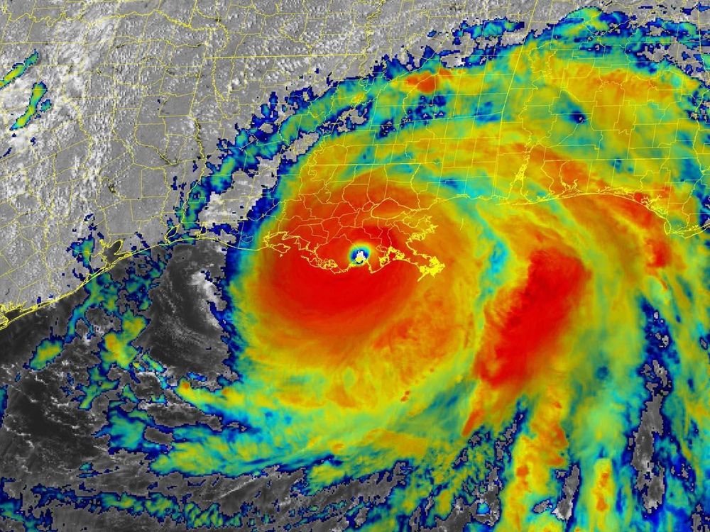 A satellite radar image of hurricane Ida approaching the coast of Louisiana