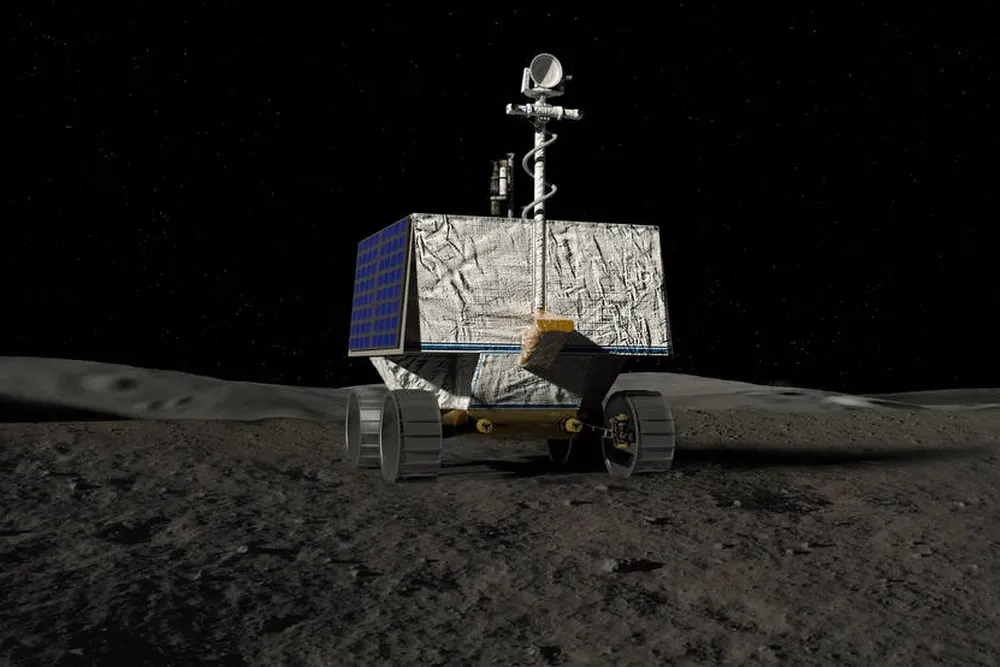 An artist's concept of NASA’s Volatiles Investigating Polar Exploration Rover which resembles and box with wheels against a dark backdrop