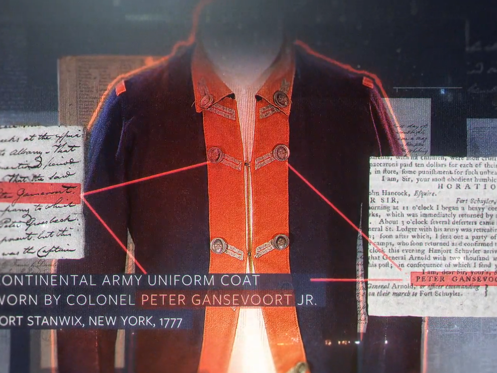Continental Army uniform coat display with labeled text and document excerpts connected by lines to the coat.