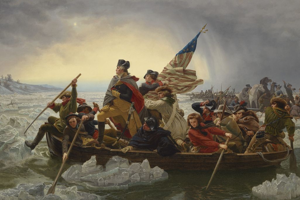 Painting depicting George Washington and a group of men crossing the half-frozen Delaware River