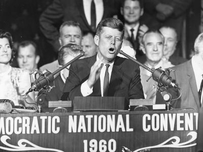 John F. Kennedy addresses the Democratic National Convention in Los Angeles after being nominated for President.