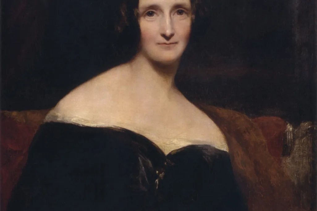 A moody portrait of Mary Shelley, a pale woman wearing a dark dress in front of a dark red and brown background