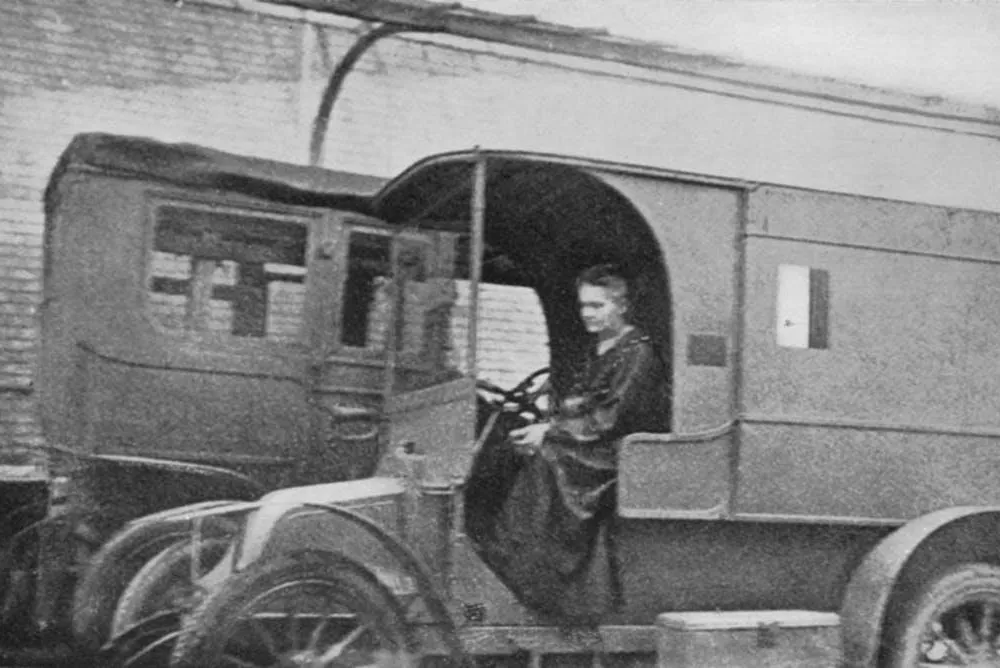 Marie Curie in one of her mobile X-ray units in October 1917