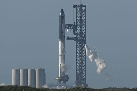 The Starship rocket on April 17, 2023, ahead of its first test flight. During the uncrewed flight, the booster failed to detach from the spaceraft and the rocket was intentionally exploded.
